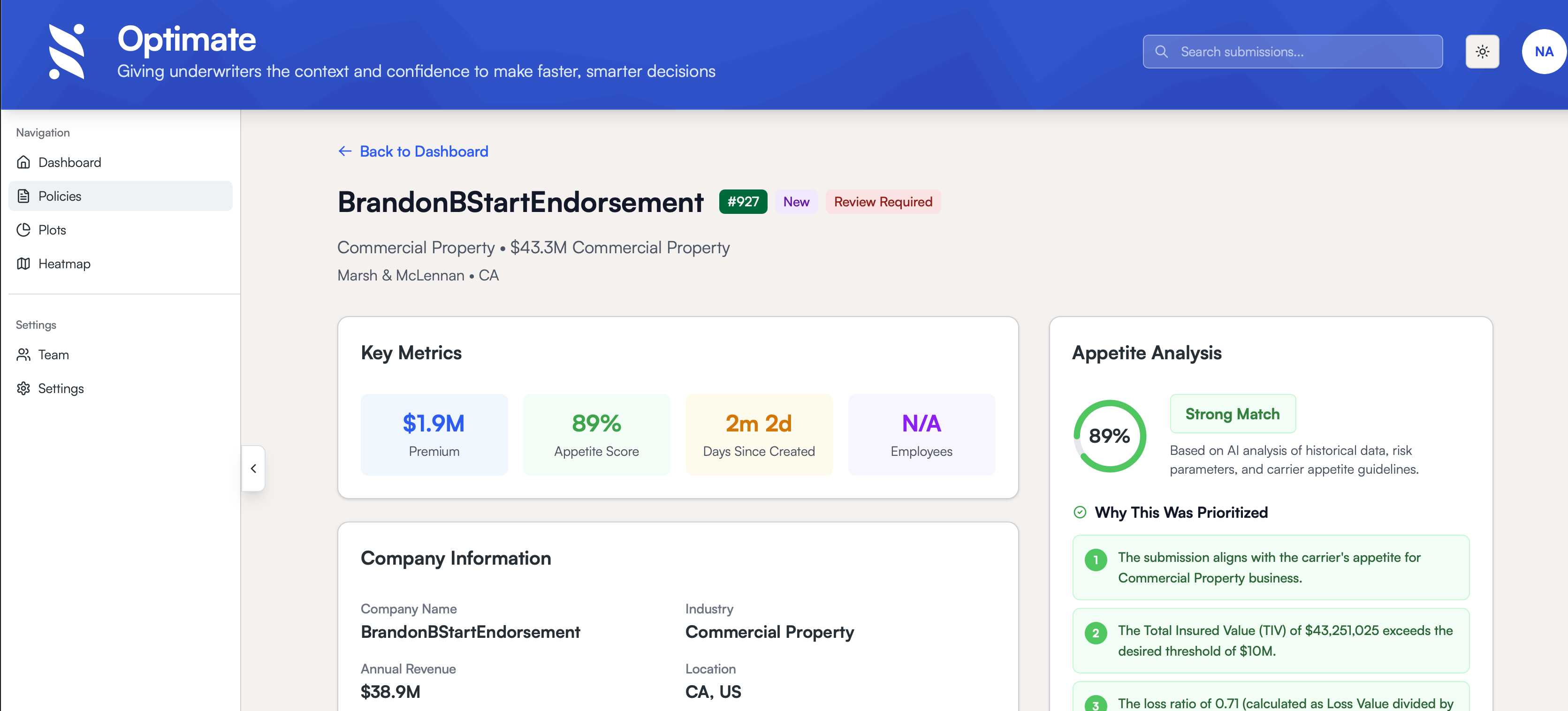 The policy details, appetite score, and reasons for the recommendation in one view.