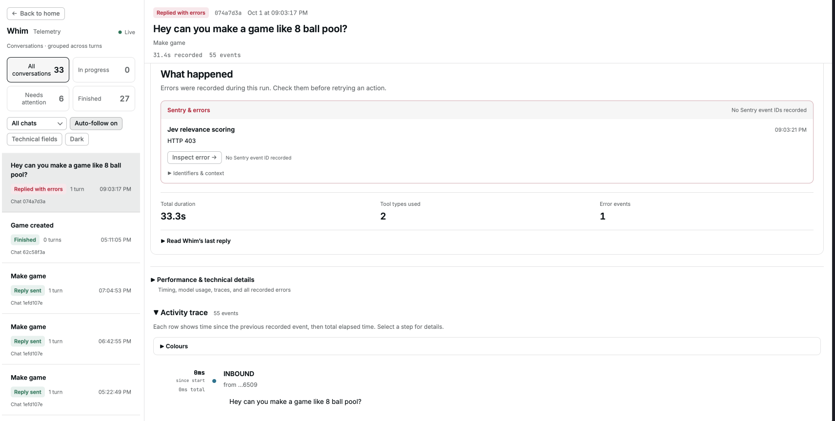 Here, a request to generate a pool game hit an HTTP 403 during Jev relevance scoring. The dashboard brings the error, run timings, and activity trace together.